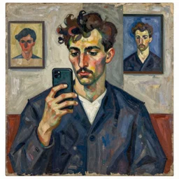 A painting of a man holding a phone, collage, painting by Sonia Delaunay, by Paul Cézanne dull