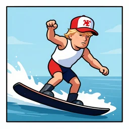 trump waterskiing with maga hat hand drawn comic