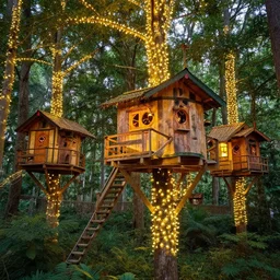 a professional photograph of a treehouse village in a forest covered in fairy lights, HD, high quality, highly detailed, award-winning