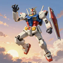 socialist gundam communist communist communist robot with claws claws claws flying in the dawn of the humanity, anime stile, cell shading, cinematic lighting, highly detailed