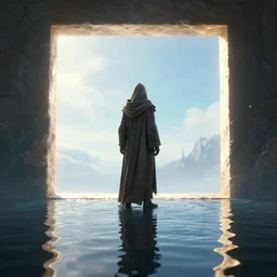 a render of a cloaked character from skyrim looking at the sky through a glowing hollow square. there is shiny water reflecting everything from below. 8 k, unreal engine, blender, by caleb worcester, pixar