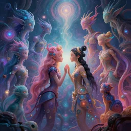 a psychedelic realm at the edge of existence where intensely creative astral beings live, the astral beings are embracing each other to share love, in the style of wlop and ruan jia, illustration, epic, fantasy, hyper detailed, smooth, unreal engine, sharp focus, ray tracing