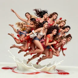 a intricate surrealist mass of top model woman bodies by luis ricardo farelo flying in a splash of milk and strawberry sauce, photo-real, highly detailed