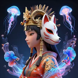 beautiful 3 d render of an isis goddess - profile portrait punk with mohawk + ram skull. beautiful intricately detailed japanese crown + kitsune mask and kimono. betta fish, jellyfish phoenix, bioluminescent plasma, wind creature artwork by tooth wu, transcendent, vibrant color, clean linework, finely detailed, 4 k, trending on artstation, photorealistic, volumetric lighting, octane render