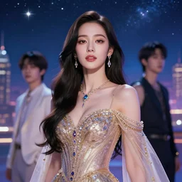 masterpiece portrait charming and miracle female astromancer lifestyle accessories in dreamlike movie, kpop, luxry dress, high detailed face, art by artgerm, greg rutkowski, macoto takahashi, big major starry sky and city in background, maximalist, medium long shot, fantasy, no distorsion, 4 k realistic, uhd,