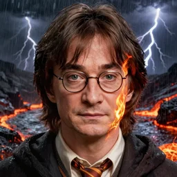 an ultra realistic, cinematic, headshot portrait, of john lennon as harry potter, fire, facial features, background of a lava river, with rain and lightning, detailed, deep focus, movie still, dramatic lighting, ray tracing, by michal karcz and yoshitaka amano
