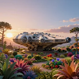millenium falcon in the sky, sunrise in alien planet, full of vegetation, colourful plants, trees, vibrant colours, beautiful matte painting, dreamy, high detail, hyperealistic, 2 0 0 mm lens, professional photo, sharp focus