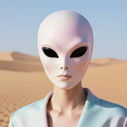 alien humanoid in givenchy prada face mask, stern face, directed gaze, haute couture, editorial photoshoot, pastel colors, vivid, fashion photography, cinematic lightning, sand dunes, desert, ultra realistic, portrait photography, 8 k, hd