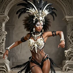 a single fierce looking beautiful young woman dancing with afro hair and symmetrical white makeup, black leather straps, wearing intricate bodysuit and headdress made from white bones and black feathers, hyperdetailed illustration by irakli nadar and alexandre ferra, intricate linework, in the style of a national geographic portrait, unreal engine 5 highly rendered, global illumination, radiant light, detailed and intricate environment