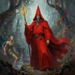 fantasy painting with a wizard in red robes in a surreal environment by greg rutkowski and michael whelan