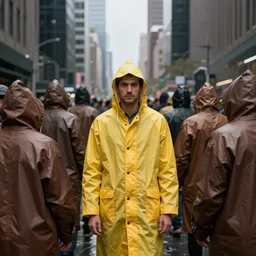 A man in a yellow raincoat in a black city surrounded by people wearing brown rain coats. Dreary, dreamlike.