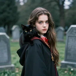 a young beautiful wizard with long brown hair and a black cat over her shoulders surrounded by graveyards
