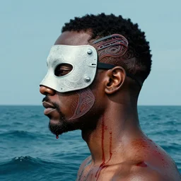 a portrait of a black man with side profile blood in ocean intricate details :: side profile :: futuristic mask ::  by vikings and Sandra Chevrier