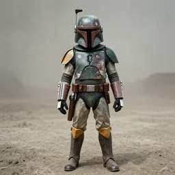 wide angle full view 65mm film boba fett battle damaged armor scorched. screenshot from 1977 Star Wars dull muted colors tatoonie