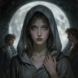 stunning, breathtaking, awe-inspiring award-winning concept art nouveau painting of attractive Hooded figure as the goddess of the moon, with anxious, piercing eyes, by Alphonse Mucha, Michael Whelan, William Adolphe Bouguereau, John Williams Waterhouse, and Donato Giancola, cyberpunk, extremely moody lighting, glowing light and shadow, atmospheric, cinematic, 8K