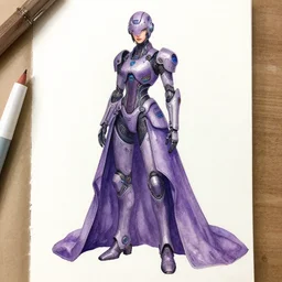 Pretty futuristic lady with a long, illustrious dress, purple colors, drawn in watercolor