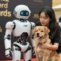 robot with a human pet , award winning photograph , realistic , 4k , HD , focus