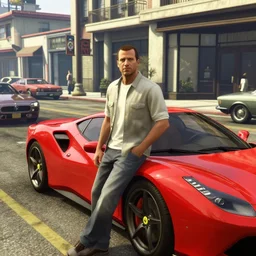 nathan fillion in a GTA V loading screen leaning on a parked red ferrari on a busy street with a upscale storefront