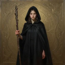 perfectly - centered - portrait of a girl wearing black cloak holding stick, intricate, highly detailed, digital painting, artstation, concept art, sharp focus, illustration, oil painting, unreal engine 5, 8 k, art by artgerm and james jean and greg rutkowski