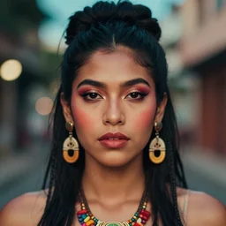 beautiful female portrait, taino, ( ( head shot ) ) haze, synth wave, neo classic, 5 0 mm, sony, puerto rico, symmetrial, face, makeup, sephora, shades, octane render, vouge, national geographic, maybelline, model, gorgeous, traditional, film grain, vsco, bokeh, 8 k, unreal engine
