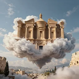 hidden imagery floating temple in the sky incredible digital art optical illusion, superb detailed clouds shaped like the second temple in jerusalem, over the ruins of old jerusalem, awe inspiring, masterpiece surrealism, digital art trending on artstation awesome award winning