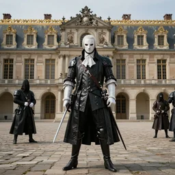 corvo from dishonored preparing an assassination at chateau de Versailles, high-resolution, very detailed, hyper realistic, 8k