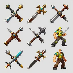 set of 2d weapons and items , game asset of six different 2d items and weapons by Stanley Artgerm Lau, game pack, assets, WLOP, Rossdraws, James Jean, Andrei Riabovitchev, Marc Simonetti, and Sakimichan, tranding on artstation , assets