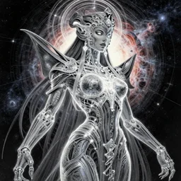 a biomechanoid portrait of the powerful empress of the solar system in the style of luis royo and in the style of h. r. giger. glowing, ornate and intricate linework, stunning, dynamic lighting, ultrafine and hyperdetailed.