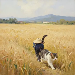 cat farmer, walking in the wheat field, nature landscape on the background, fenghua zhong, sharp deep, oil art