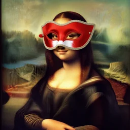 mona lisa wearing a venetian red and white mask