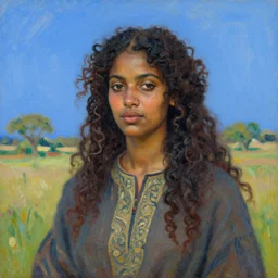 somali woman with curly hair, fedosenko roman, j. w. godward, jose miguel roman frances, intricate details, solid color backdrop, countryside, dreamy, impressionist, figurative
