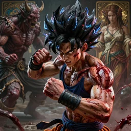 fistfight, bloody, brutal, warrior girl, muscular girl, wild spiky black saiyan hair, long spiky hair, electrified hair, fistfighting demons, ultra realistic, intricate details, highly detailed, subsurface scattering, photorealistic, octane render, 8 k, art by artgerm, greg rutkowski, magali villeneuve, alphonse mucha