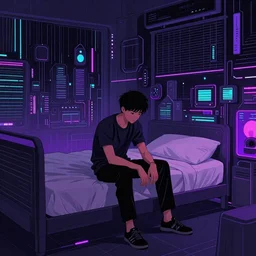 a guy sitting on a bed in a room, cyberpunk art by Victor Mosquera, behance contest winner, panfuturism, darksynth, synthwave, retrowave