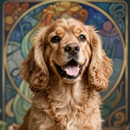 portrait of happy laughing light - brown cockerspaniel with a background in the style of mucha. unreal