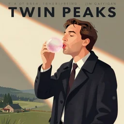 poster artwork by Michael Whelan and Tomer Hanuka, Karol Bak of Jim Gaffigan blowing single perfect bubblegum, he's a hitman in peacoat, from scene from Twin Peaks, clean, simple illustration, nostalgic, domestic