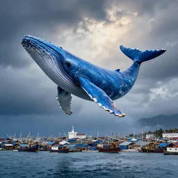 blue whale flying over a fishing village, dramatic illumination