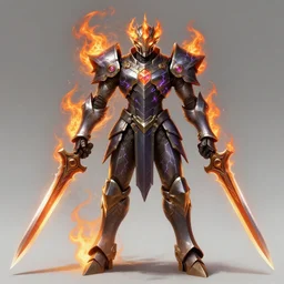 a highly detailed illustration of futuristic cyber knight with flowing flaming plume with arm blades, rigid bulky armor, glowing purple line cracks in armor, dramatic standing pose, intricate, elegant, highly detailed, centered, digital painting, artstation, concept art, smooth, sharp focus, league of legends concept art, WLOP