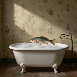 a fish taking a bubble bath, and the pattern of the wallpaper is little humans