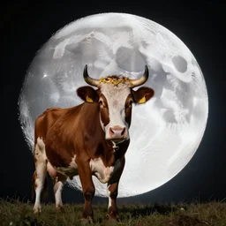wide angle view, colored photo of a cow with golden circlet on the moon, photorealistic, detailed, 8 k