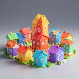 plastic sculpture of homes, wide shot, vibrant color details, zbrush, hyper realistic, golden ratio, macro lens, unreal engine, octane render, symmetri