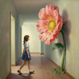 a painting of a girl walking in a hallway and suddenly finds a giant flower blocking the hallway, art by greg manchess, guangjian, detailed digital art, artstation hd