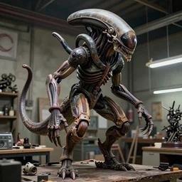 wide angle photo taken of an epic intricate, ultra detailed, super realistic gritty, hero prop, exquisitely weathered animatronic movie prop of a lifelike sculpture of a nightmarish hellish alien creature displayed in the workshop, created by weta workshop, full body shot, photorealistic, sharp focus