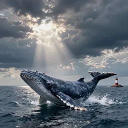 a single whale in sea, lighthouse ， extremely detailed, sharp focus, wide view, full body shot, smooth, digital illustration, by james jean, by mcbess, danton fadeev, steve simpson