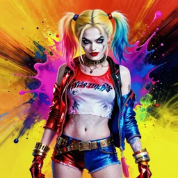 harley quinn cyberpunk splash art graphic design color splash high contrasting art, fantasy, highly detailed, rule of thirds art by greg rutkowski