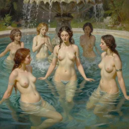 a beautiful detailed oil painting of the goddesses bathing in the fountain of youth, 8 k resolution, cinematic, subsurface scattering,