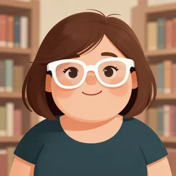 portrait of a curvy stocky romanian woman, brown hair, messy bob, straight hair, brown eyes, round nose, low eyes, romanian, laugh lines, round face, round jaw, round nose, white glasses, glasses, big forehead, white reading glasses, illustration, cute, librarian, wide shot, digital art, art by loish, 8 k, trending on artstation