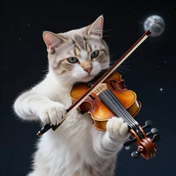 photograph of a cat playing violin in space, high detail, hyper realistic, 8 k, award winning photograph, promo shot, sigma 8 5 mm f / 8