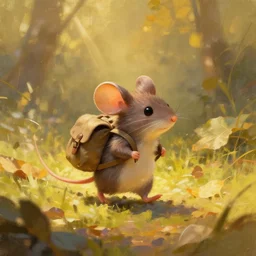a cute vagabond mouse character carrying a rucksack on a stick walks through large leaves. digital painting. light streaks. golden hour. trending on art station. depth. photorealistic. oil painting. large brush strokes