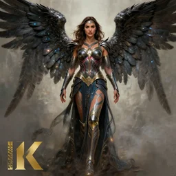 full body shot, hero pose of gal gadot as a beautiful angel warrior in futuristic dark seraphim angelic intricate body sculpted cosmic armor and flowey ornate robes, intricately detailed vfx portrait, 8 k, hdr, soft painting, art by krenz cushart and wenjun lin, digital art, concept art, octane render, neo classical appeal award - winning, trending on artstation, ann stokes