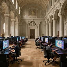 1 7 5 0 s, two boys playing game at a spacious gaming room with their hi - tech gaming setup, intricate, highly detailed, spacious, indoor, architecture, art by giovanni battista piranesi